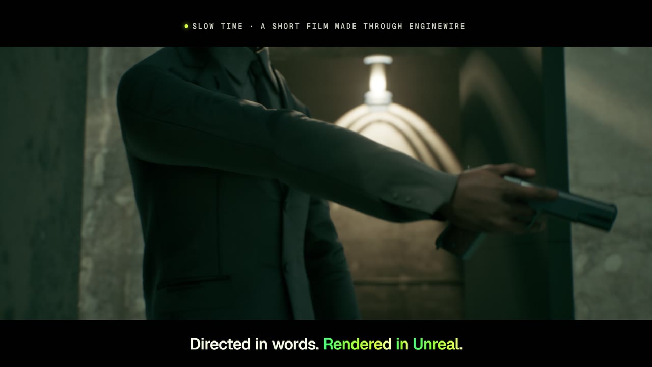 A frame from Slow Time: the operative’s arm extended, his pistol aimed out of frame, a ceiling lamp glowing in the stairwell behind him.