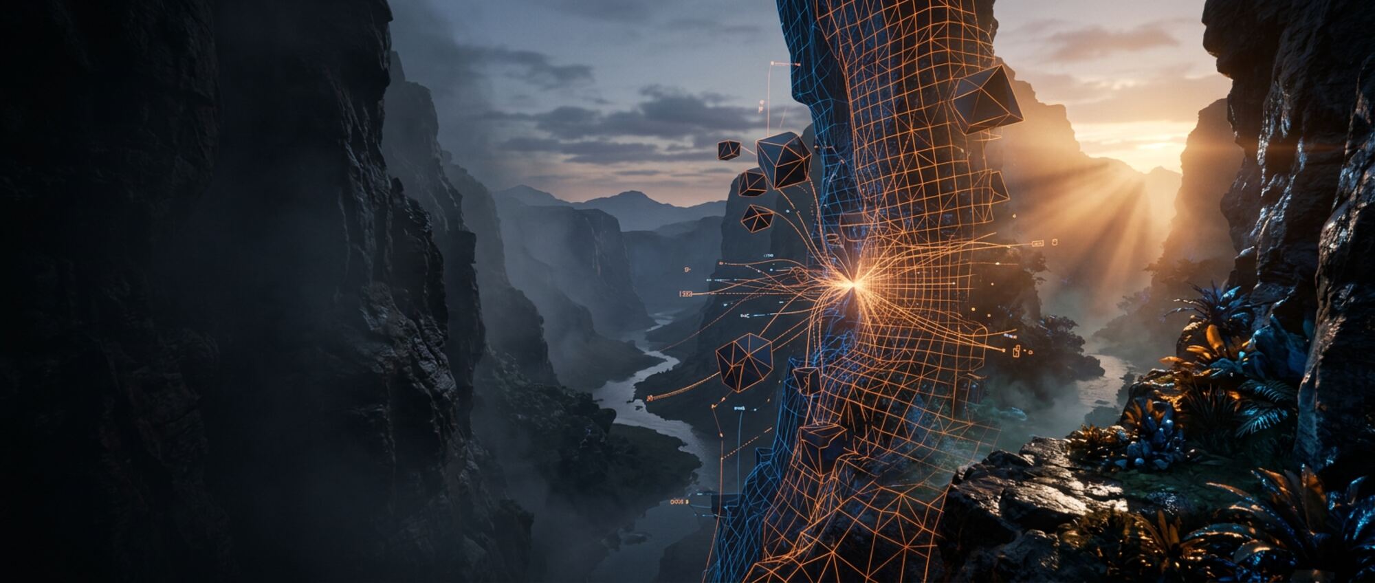 A canyon river valley, half photoreal render and half orange wireframe